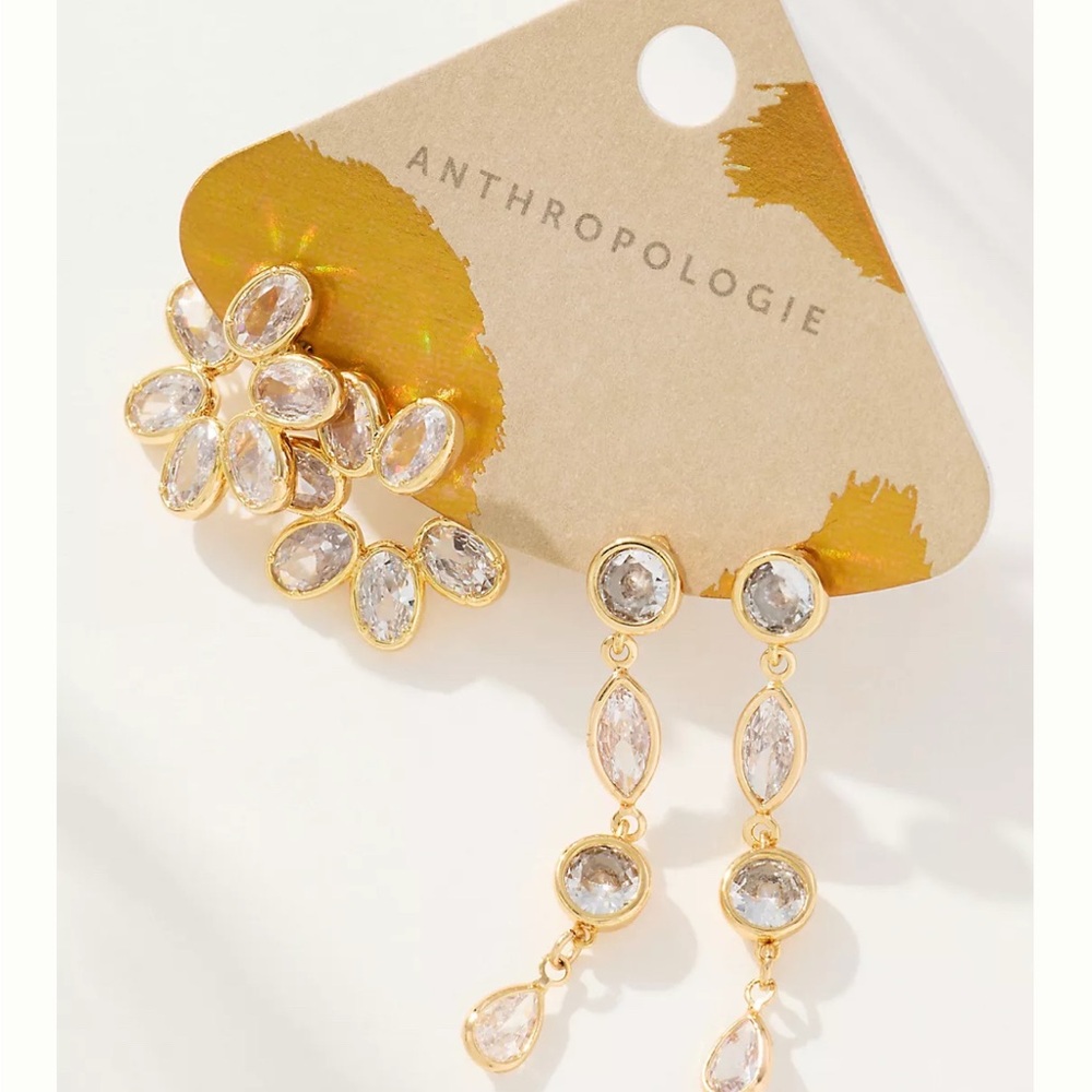 Anthropologie Crystal Fete Earrings Dangle & Ear Climber Jewelry Set of 2 NWT